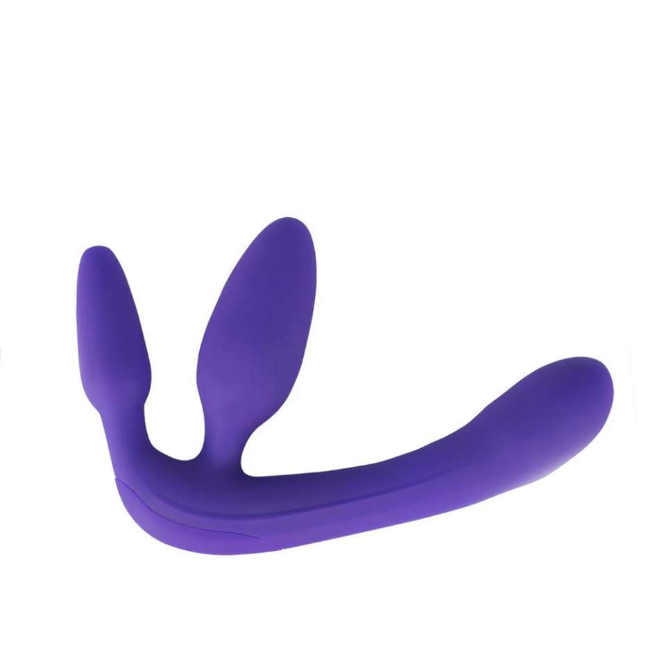 Silikonowy potrójny strap-on z wibracjami - fioletowy