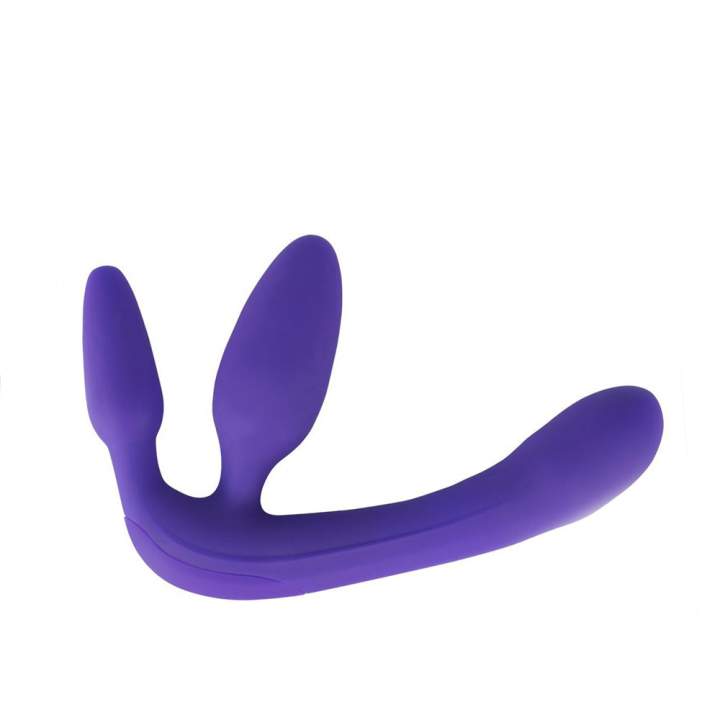 Silikonowy potrójny strap-on z wibracjami - fioletowy