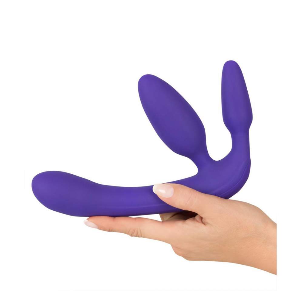 Silikonowy potrójny strap-on z wibracjami - fioletowy