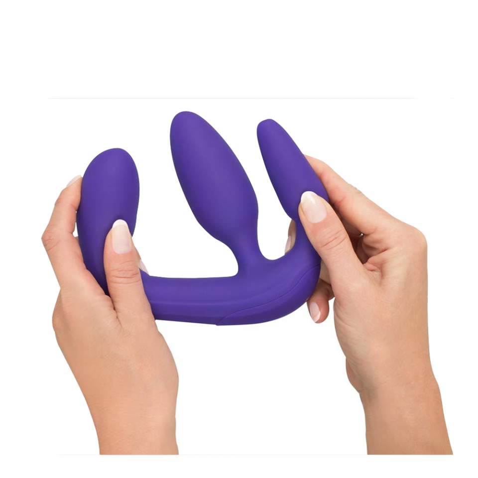 Silikonowy potrójny strap-on z wibracjami - fioletowy
