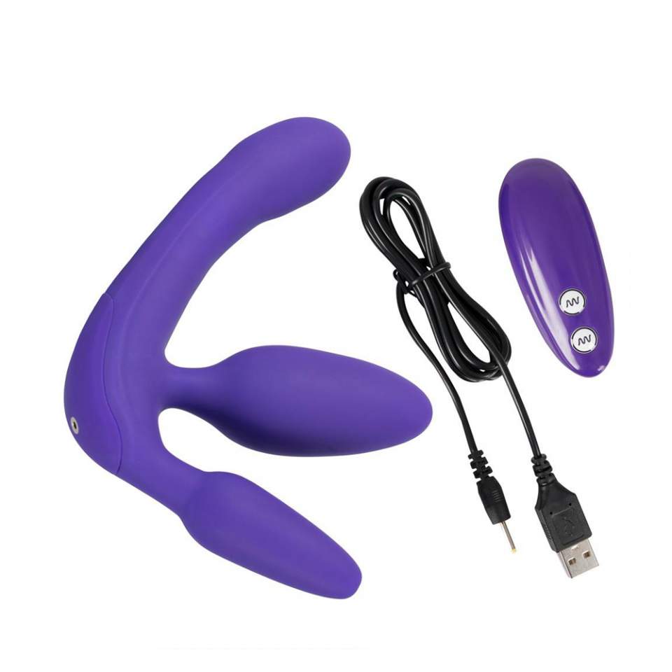 Silikonowy potrójny strap-on z wibracjami - fioletowy