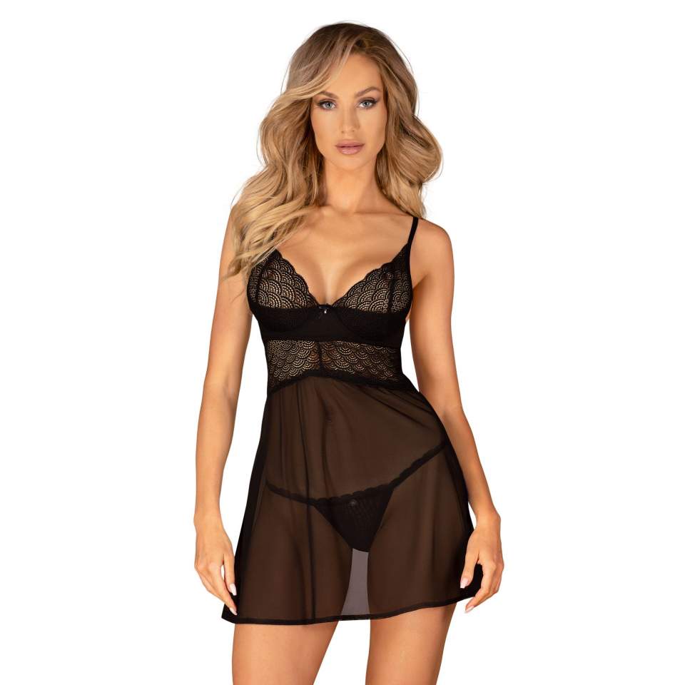 Namiętny czarny babydoll ze stringi Obessive Chemeris