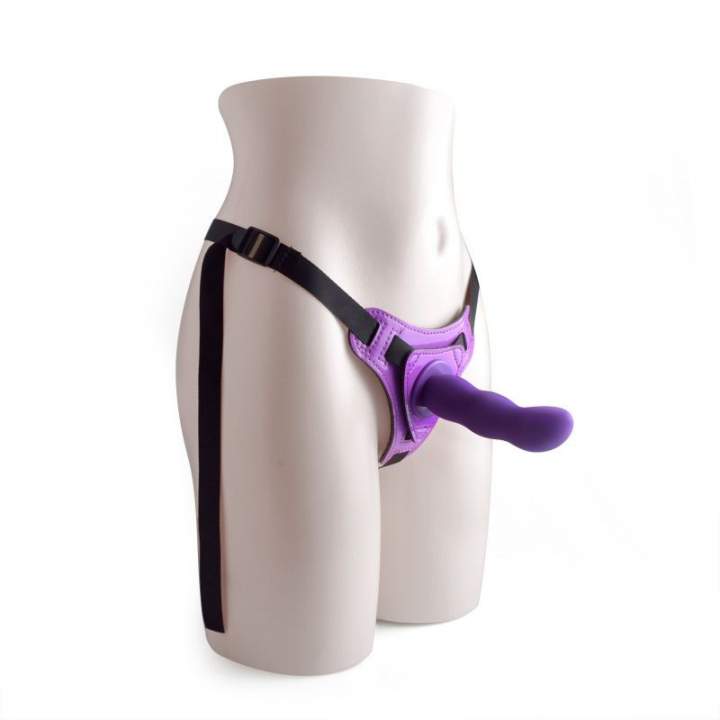 Strap-on regulowany z silikonowym fioletowym dildem