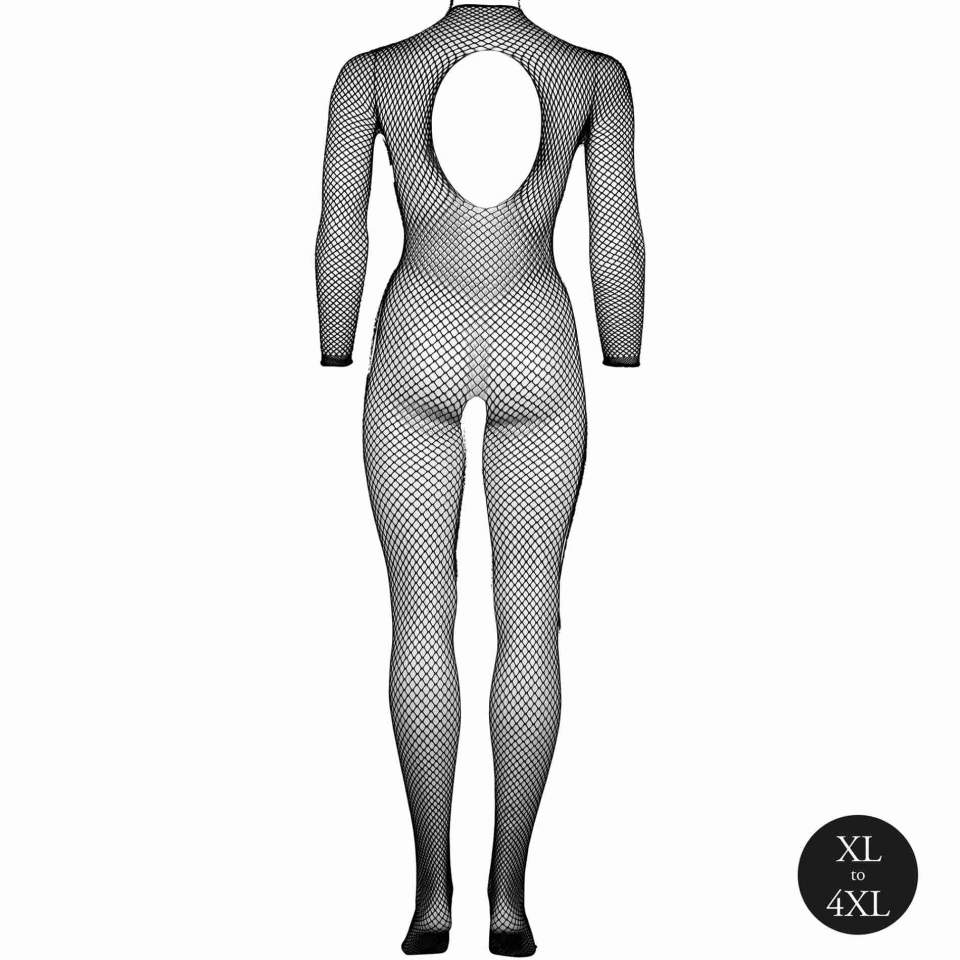 Bodystocking z siateczkową strukturą, otwartym krokiem i golfem XL-4XL