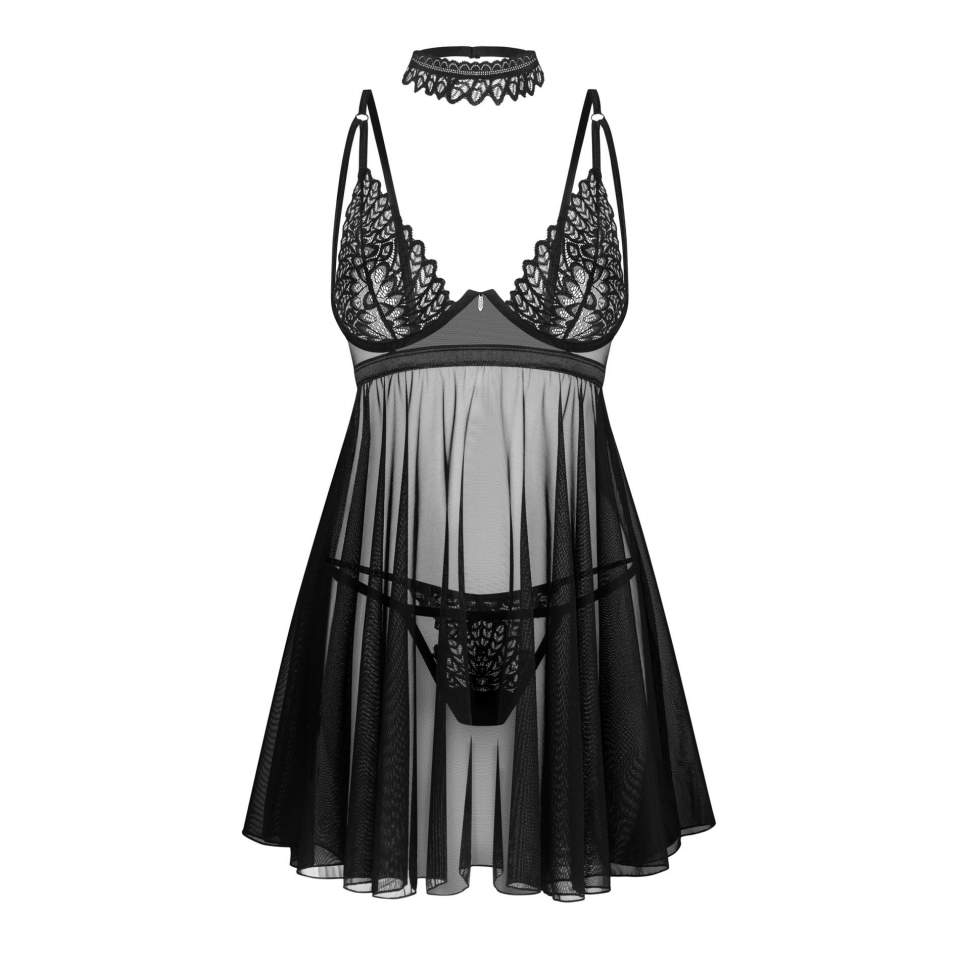 Namiętna czarna koszulka babydoll ze stringami + choker Obsessive Donarella