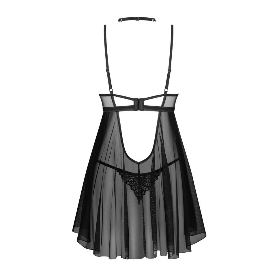 Namiętna czarna koszulka babydoll ze stringami + choker Obsessive Donarella