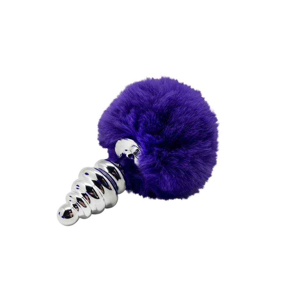 Metalowy korek analny z fioletowym pomponem w kształcie spirali- średnica 3,2cm