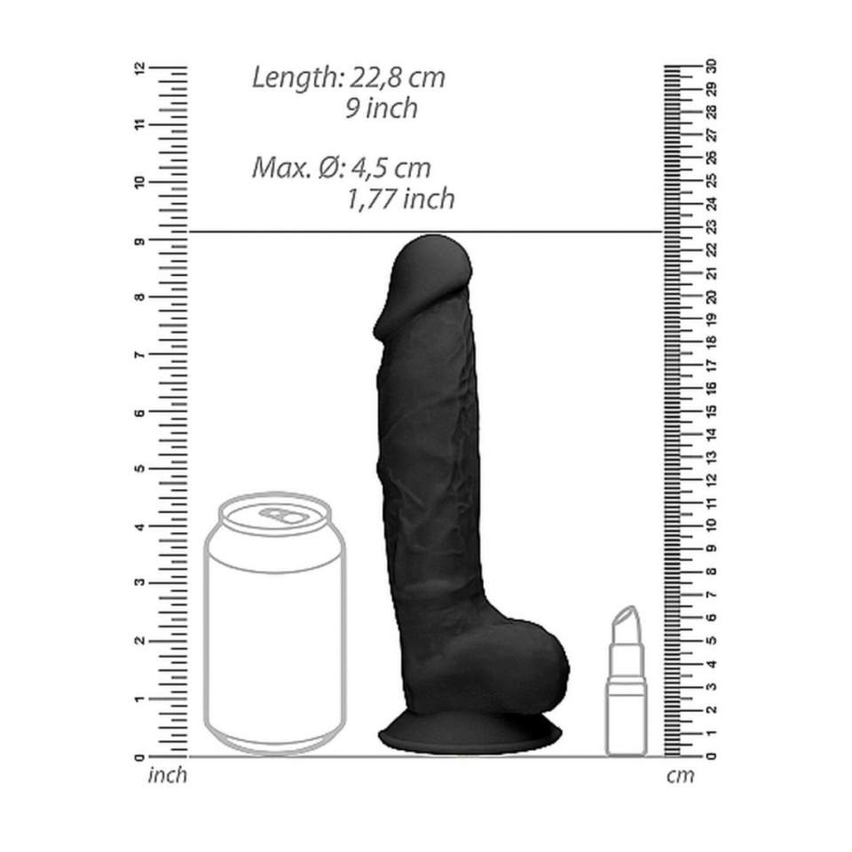 Realistyczne silikonowe dildo z jądrami i przyssawką z możliwością podgrzania lub schłodzenia- 22,6cm w kolorze czarnym