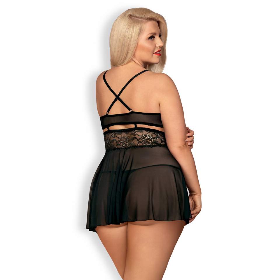 Czarna koszulka babydoll Obsessive 838-BAB w komplecie ze stringami