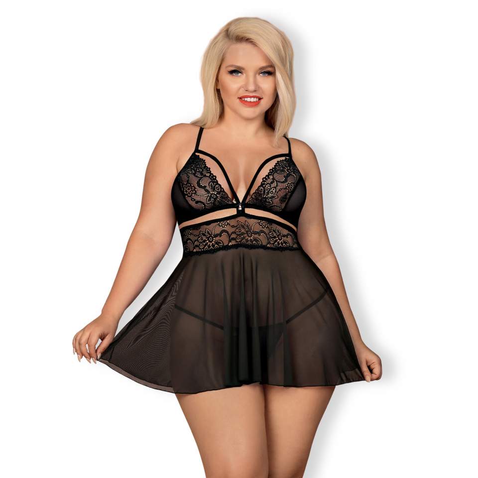 Czarna koszulka babydoll Obsessive 838-BAB w komplecie ze stringami