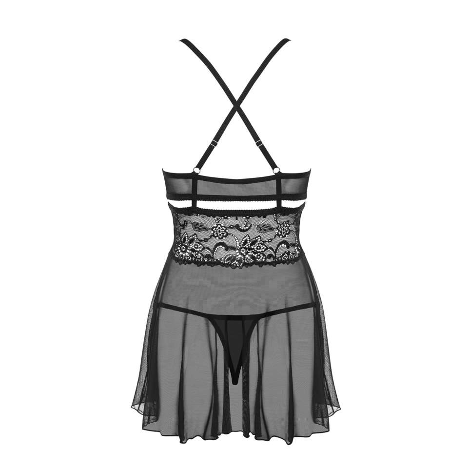 Czarna koszulka babydoll Obsessive 838-BAB w komplecie ze stringami