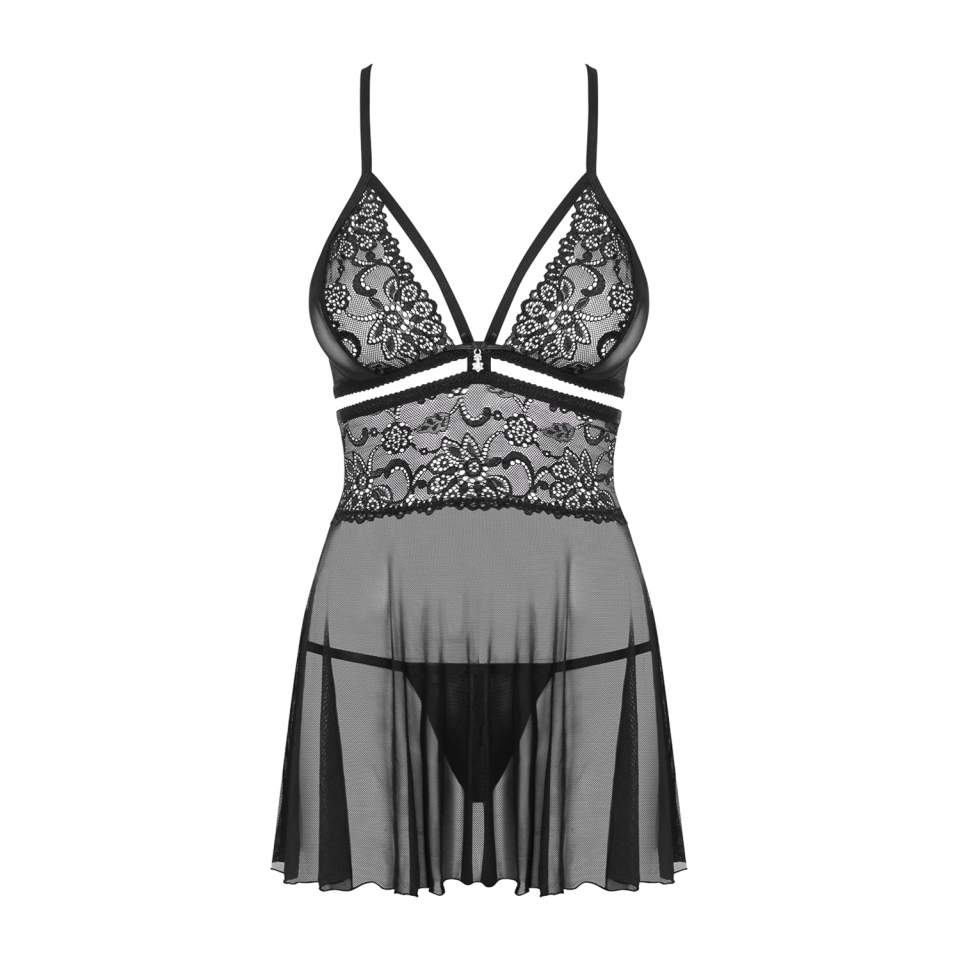 Czarna koszulka babydoll Obsessive 838-BAB w komplecie ze stringami