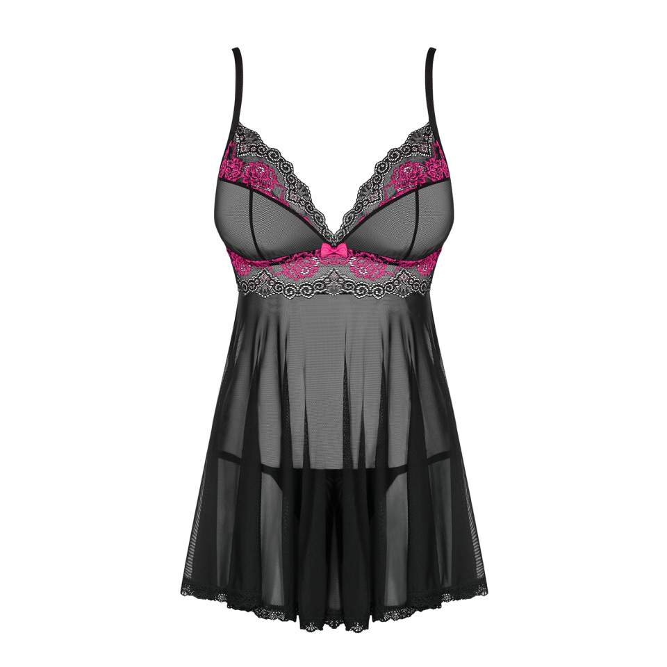 Czarna koszulka babydoll Obsessive Tulia z różową aplikacją + stringi