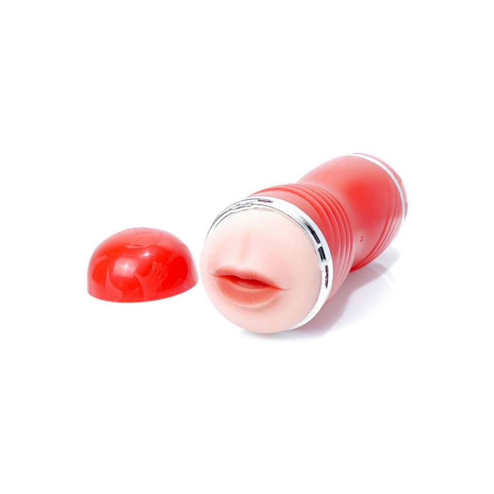 Masturbator w kolorze czerwonym z prążkowanym węwnętrzym tunelem- podwójna rozkocz: usta-wagina: 21cm