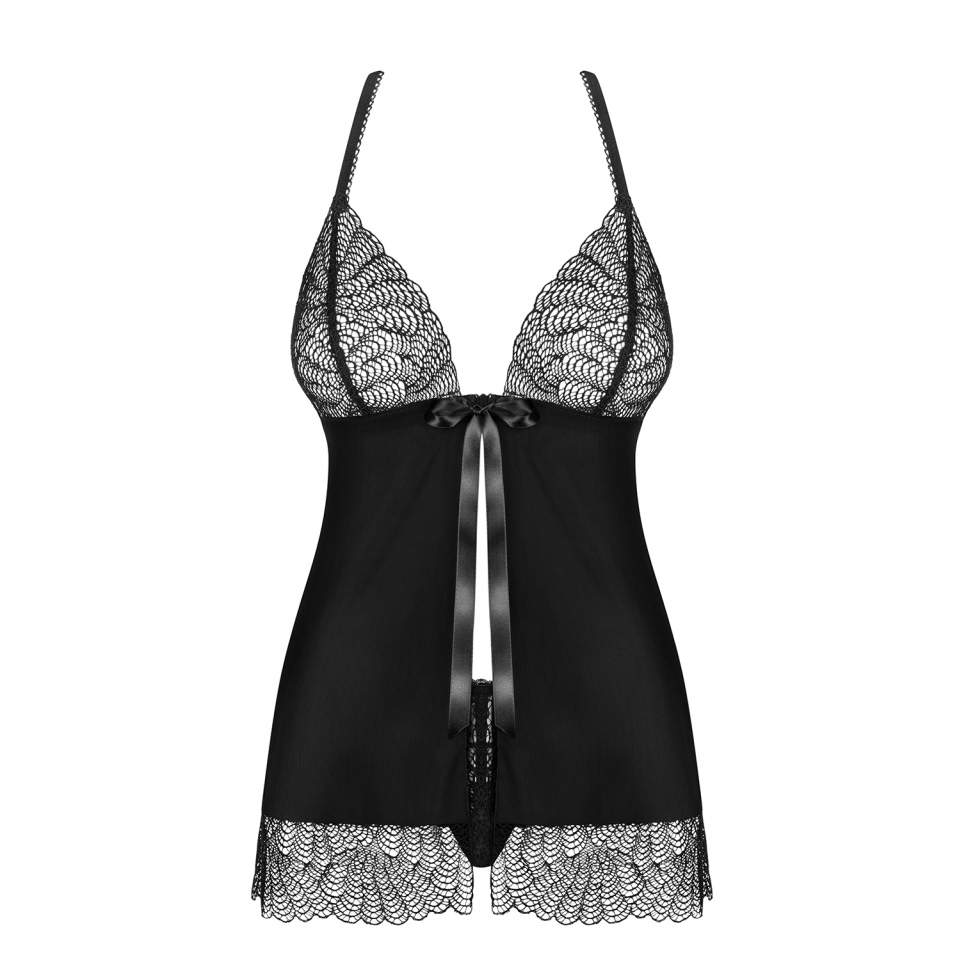 Intrygująca czarna koszulka babydoll Obsessive Chiccanta + stringi