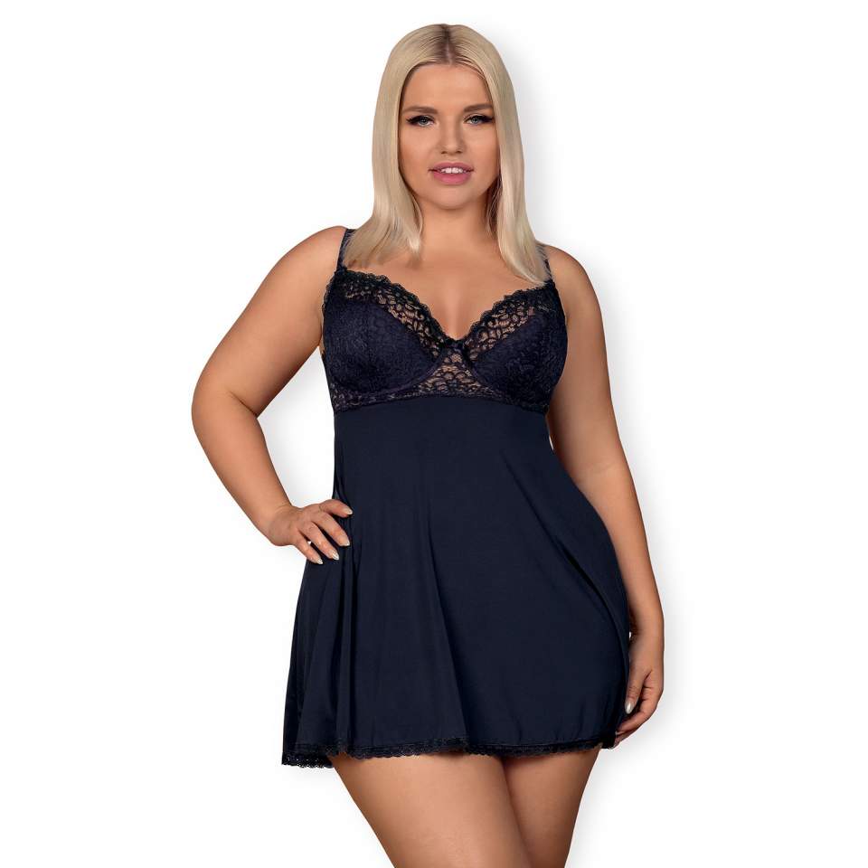 Granatowa koszulka babydoll Obsessive Drimera ze stringami w komplecie
