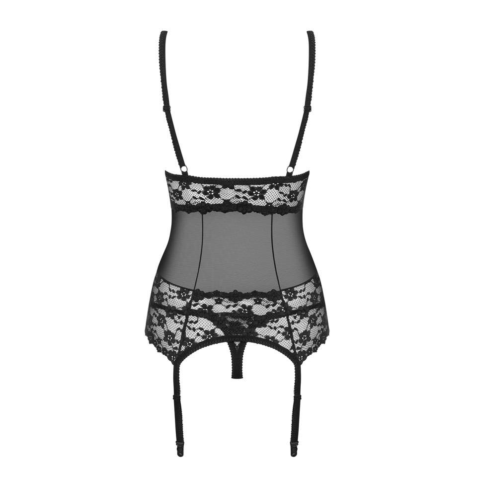 Czarny Gorset Obsessive Letica w zestawie ze stringami