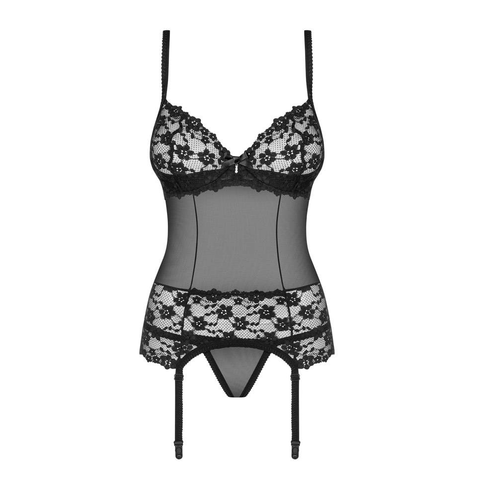 Czarny Gorset Obsessive Letica w zestawie ze stringami