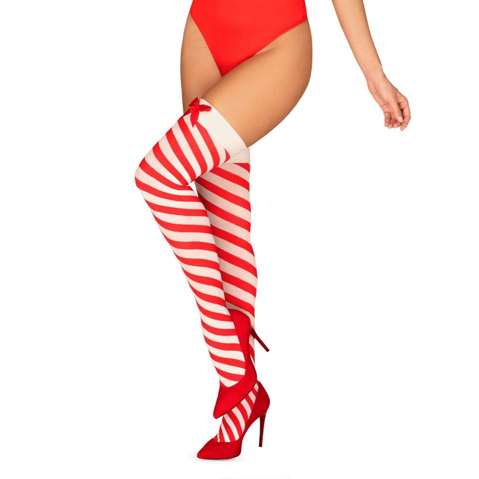 Pończochy czerwone w białe paski marki Obsessive Kissmas