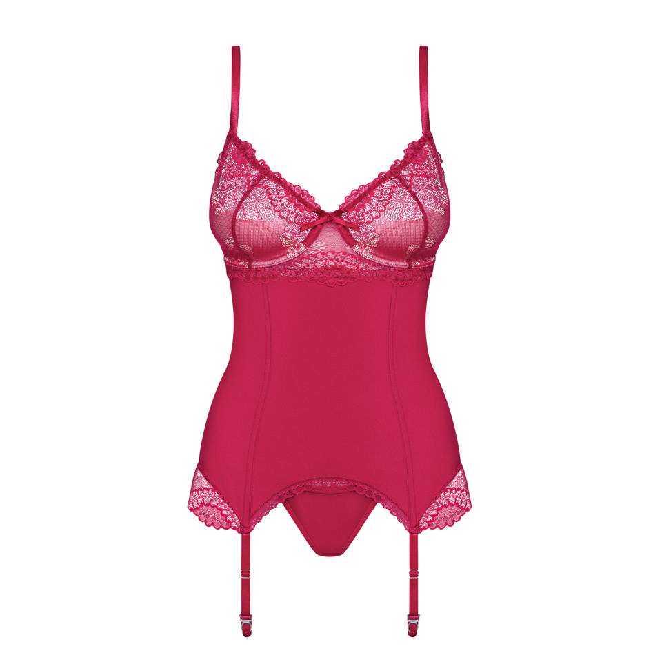Czerwony gorset Obsessive Rosalyne w komplecie ze stringami