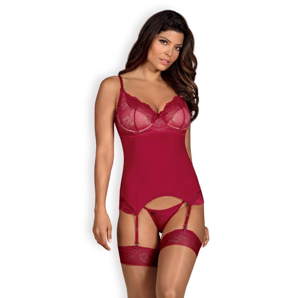 Czerwony gorset Obsessive Rosalyne w komplecie ze stringami