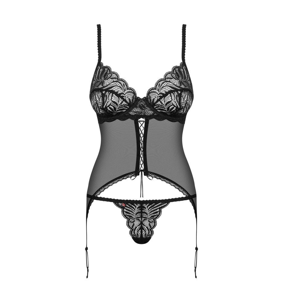 Czarny Gorset Obsessive Contica w zestawie ze stringami