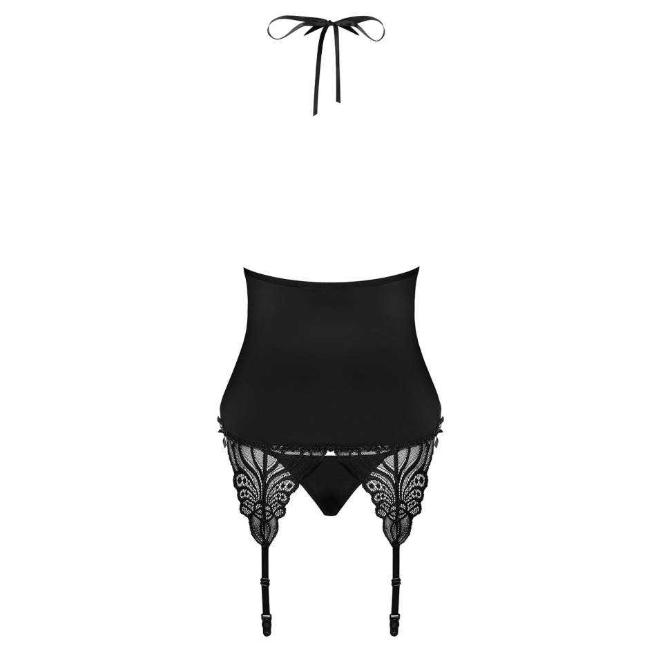 Czarny gorset Obsessive 828-COR-1 wiązany na szyi + stringi
