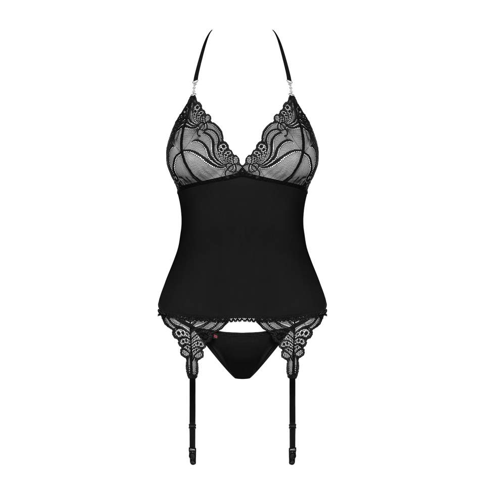 Czarny gorset Obsessive 828-COR-1 wiązany na szyi + stringi