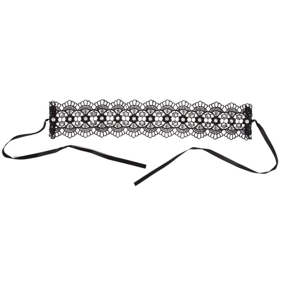 Czarny haftowany choker z perełkami i cyrkoniami