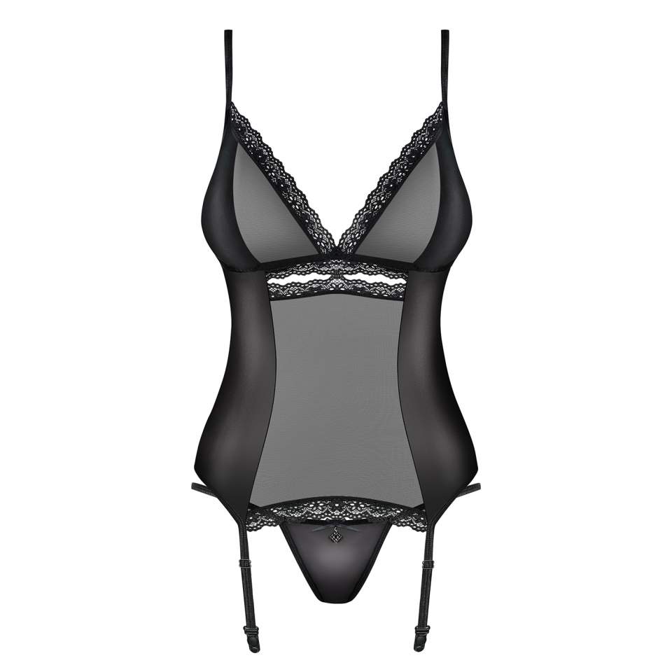 Czarny Gorset Obsessive 868-COR-1 w zestawie ze stringami