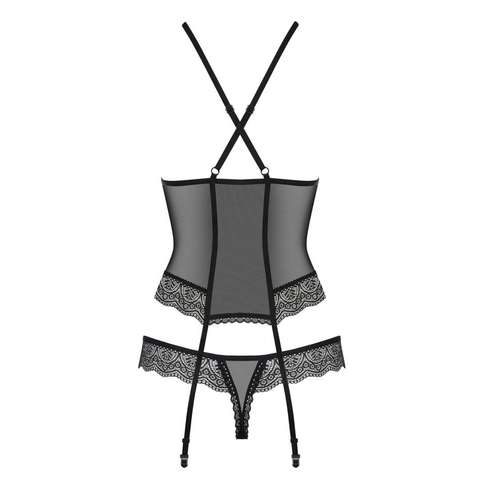 Czarny Gorset Obsessive 864-COR-1 w zestawie ze stringami