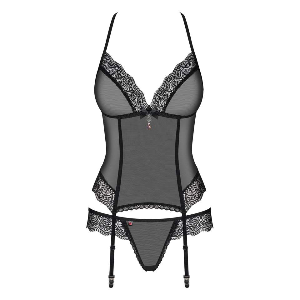 Czarny Gorset Obsessive 864-COR-1 w zestawie ze stringami