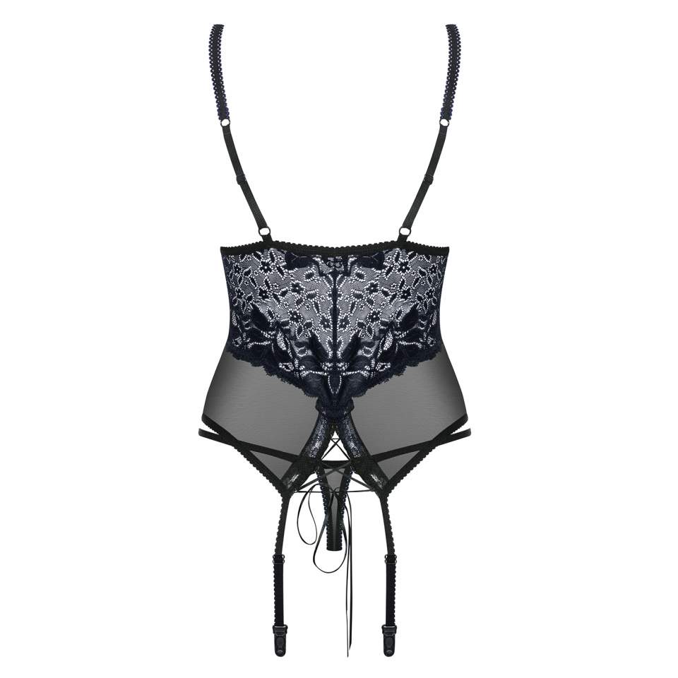 Zniewalający czarny gorset Obsessive 866-Cor-1 w komplecie ze stringami
