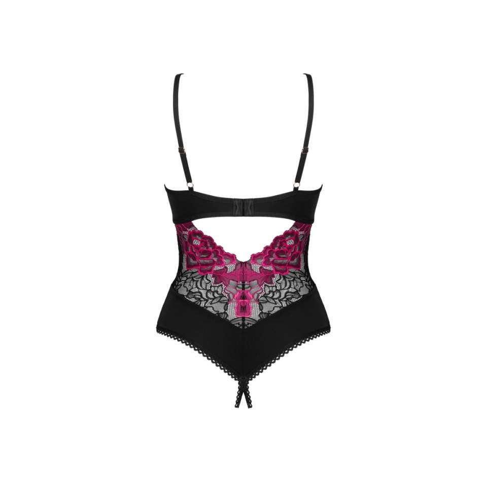 Romatyczne czarne body otwarte z motywem kwiatowym Obsessive Rosenty