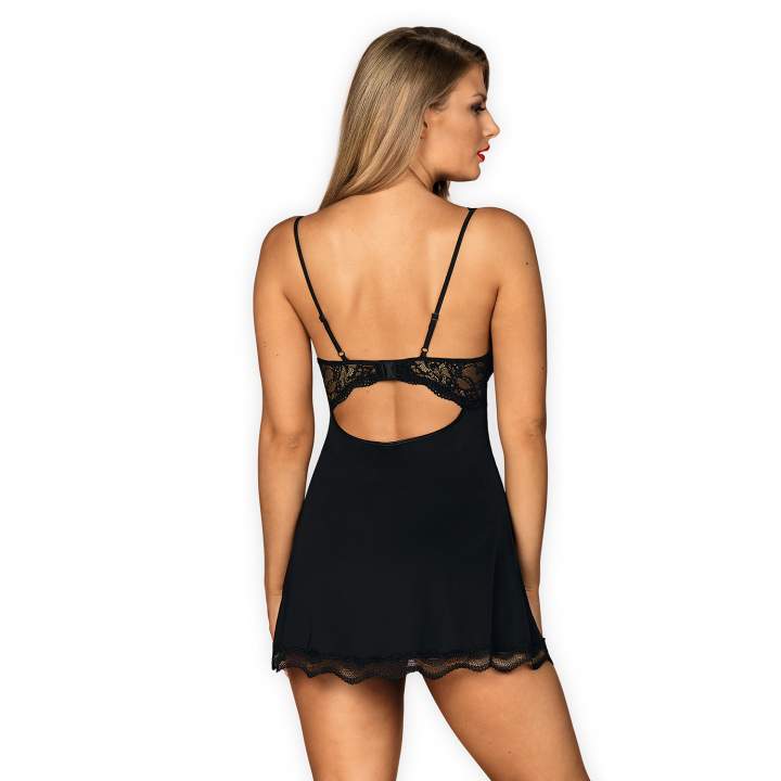 Czarna koszulka babydoll Obsessive Luvae ze stringami w komplecie
