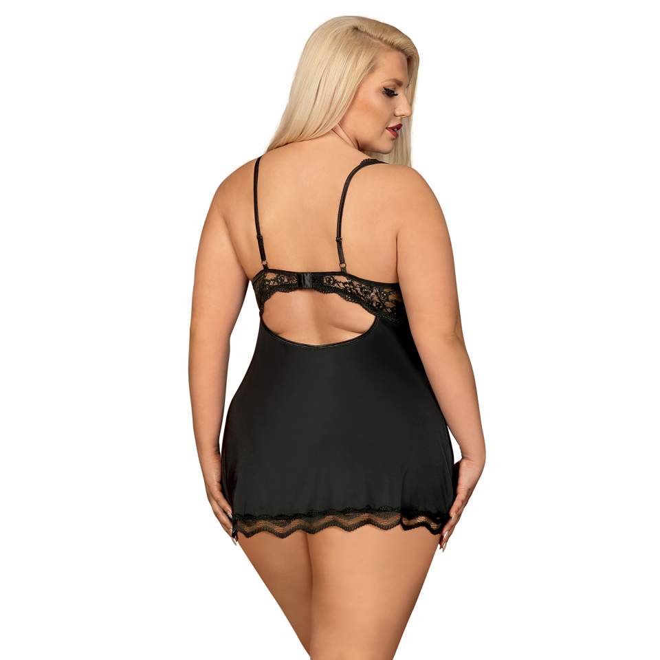 Czarna koszulka babydoll Obsessive Luvae ze stringami w komplecie