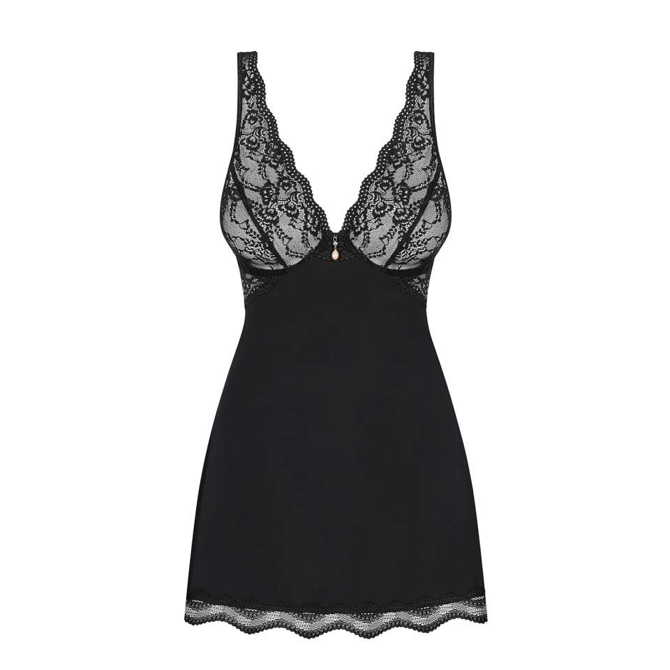 Czarna koszulka babydoll Obsessive Luvae ze stringami w komplecie