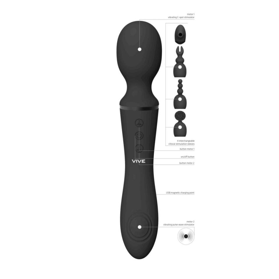 Silikonowy czarny dwustronny masażer z wymiennymi końcówkami: 10-funkcji wibracji