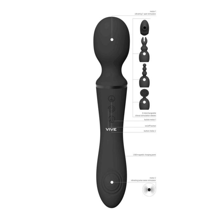 Silikonowy czarny dwustronny masażer z wymiennymi końcówkami: 10-funkcji wibracji
