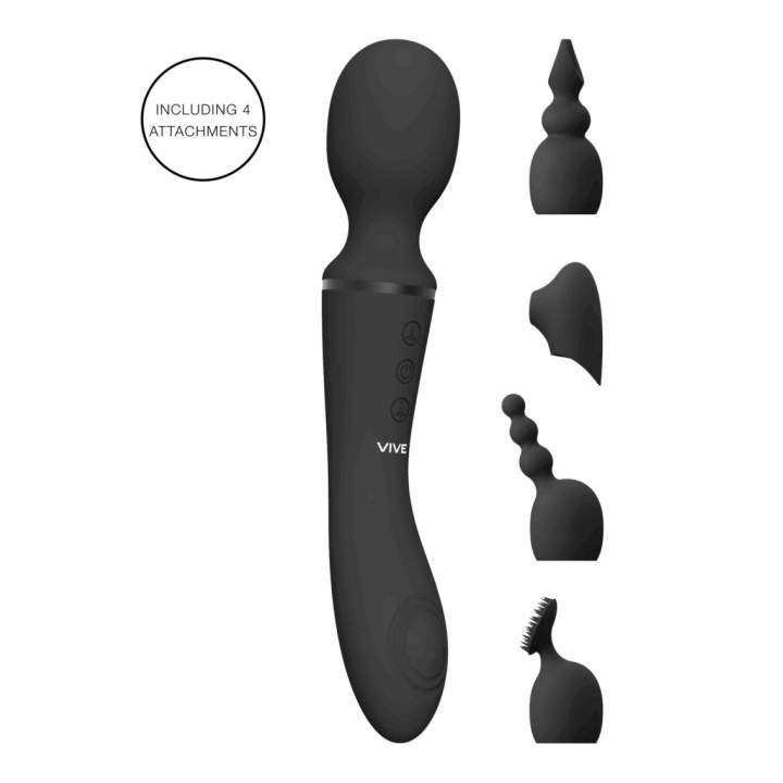 Silikonowy czarny dwustronny masażer z wymiennymi końcówkami: 10-funkcji wibracji