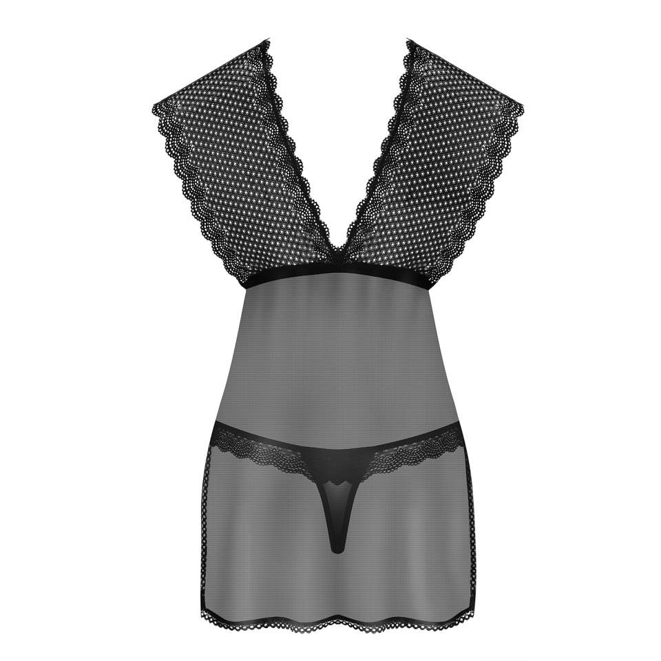 Czarna koszulka babydoll Obsessive 857-BAB-1 ze stringami w komplecie