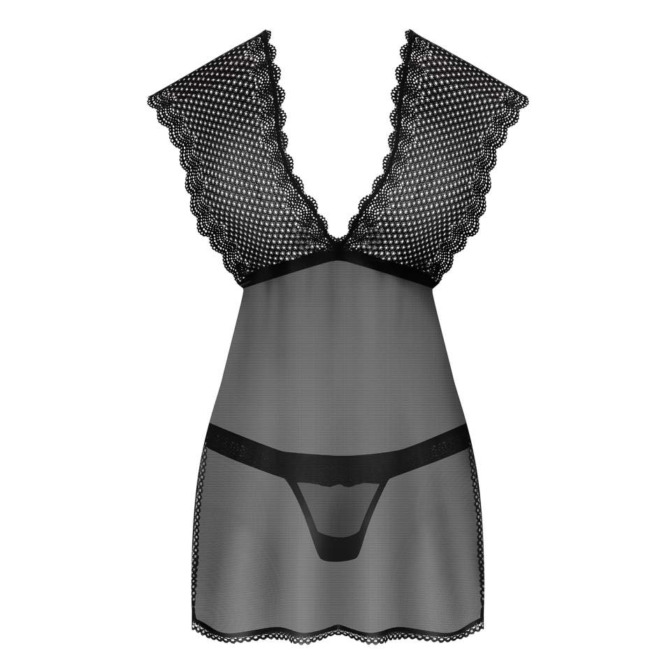 Czarna koszulka babydoll Obsessive 857-BAB-1 ze stringami w komplecie
