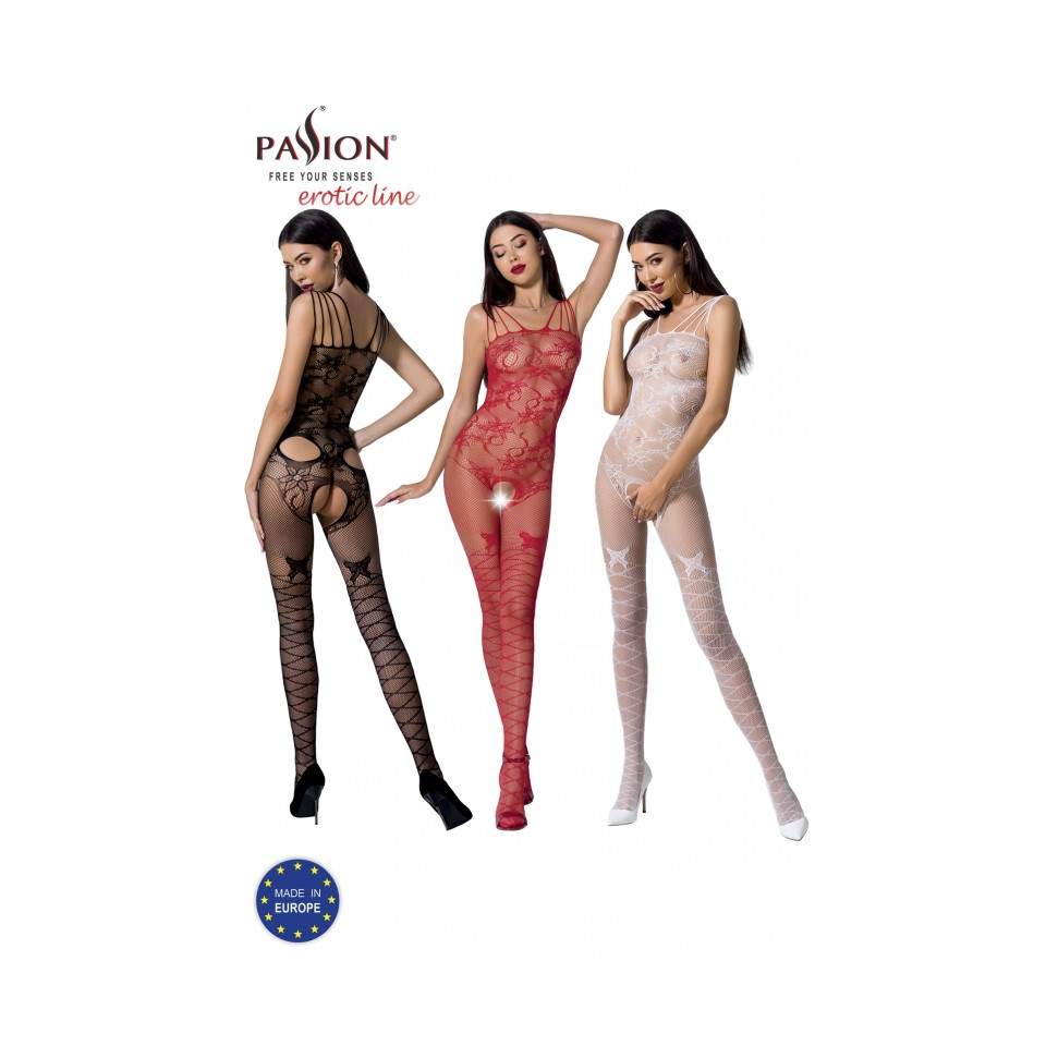 Siateczkowe, białe bodystocking z otwartym krokiem Passion BS076