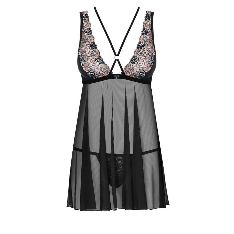 Czarna koszulka babydoll Obsessive 873-BAB-1 w zestawie ze stringami
