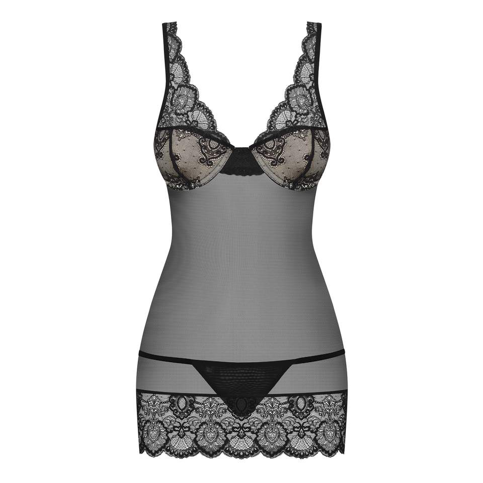 Czarna koszulka Obsessive 853-CHE-1 w zestawie ze stringami 