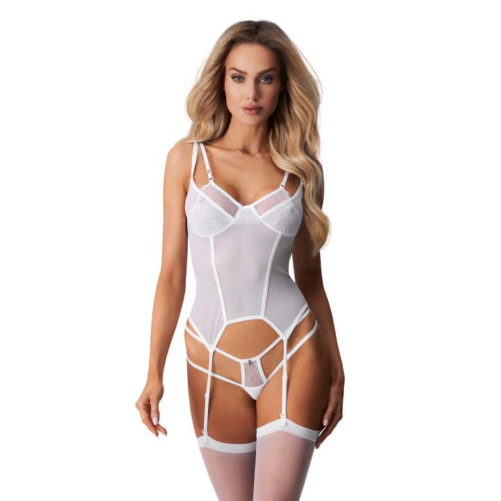 Niesamowicie kobiecy i seksowny gorset z transparentnej tkaniny Obsessive Arrowel White
