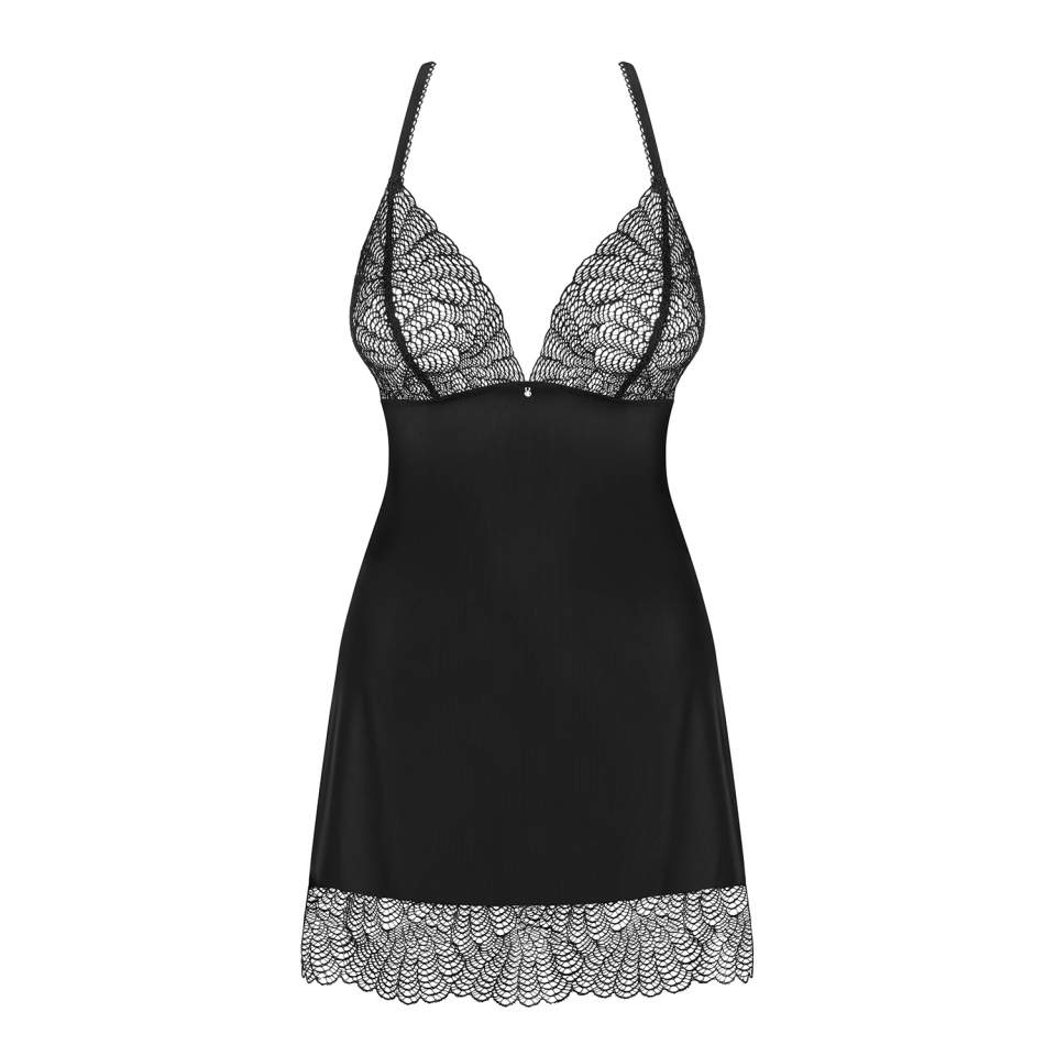 Czarna koszulka nocna Obsessive Chiccanta ze stringami w komplecie