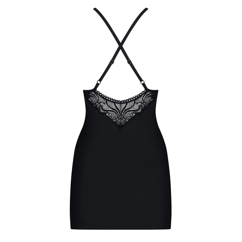 Czarna koszulka nocna Obsessive 828-CHE-1 ze stringami w komplecie