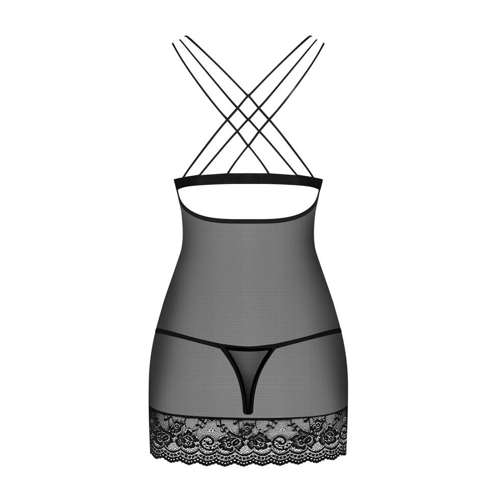 Czarna koszulka nocna Obsessive 854-CHE-1 ze stringi w komplecie