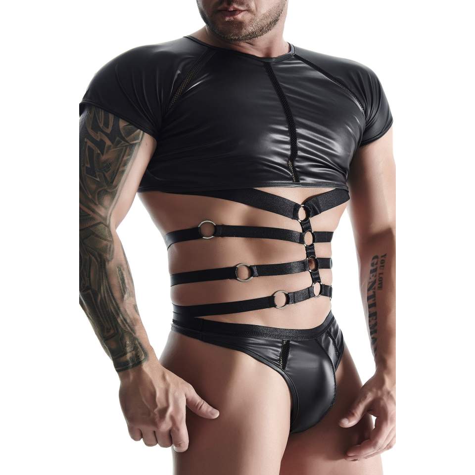 Czarny T-shirt dla mężczyzn z wetlooka ze wstawkami z taśmy i gumek + stringi